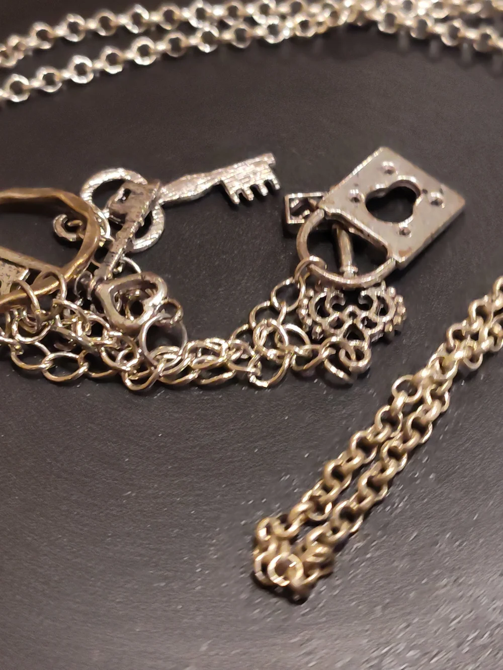 Silver Heart Key Charm Layered Necklace - Women Accessories